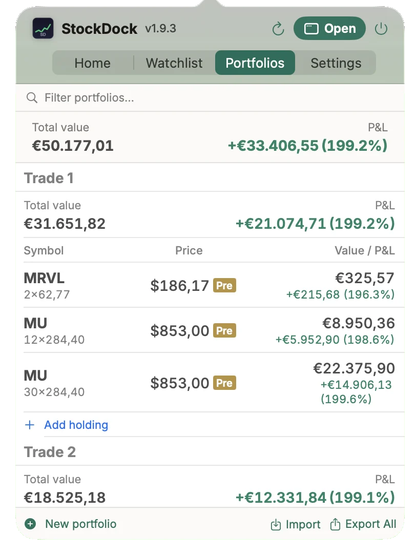 Portfolios tab with two portfolios and their holdings